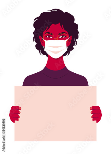 African young woman wears medical mask holds in her hands a poster without text on a white background. Coronavirus. Human rights. A student is protesting. Vector illustration in flat style