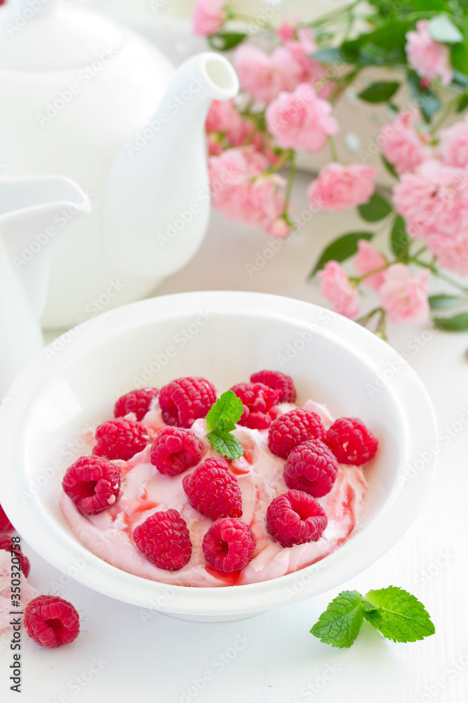 Creamy curd mousse with raspberries. Healthy breakfast. Creamy curd mousse with raspberries. Healthy breakfast.