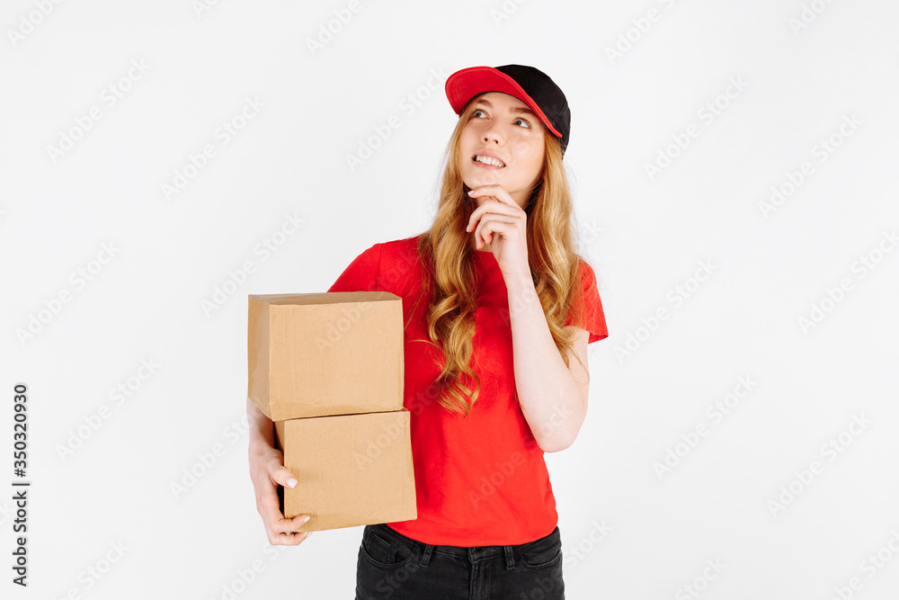 Pensive courier girl in uniform, on a white background Pensive courier girl in uniform, on a white background