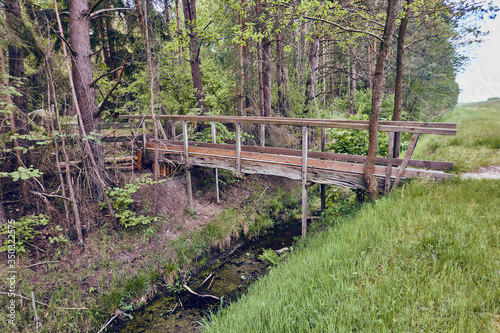 Old weathered wooden bridge over a stream with black water connecting a meadow and a forest