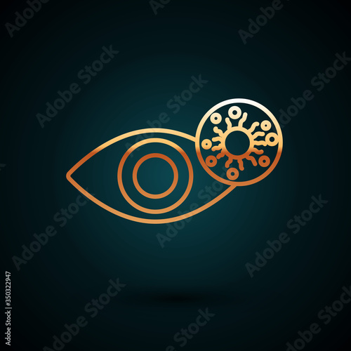 Gold line Reddish eye due to virus, bacterial or allergic conjunctivitis icon isolated on dark blue background. Vector Illustration