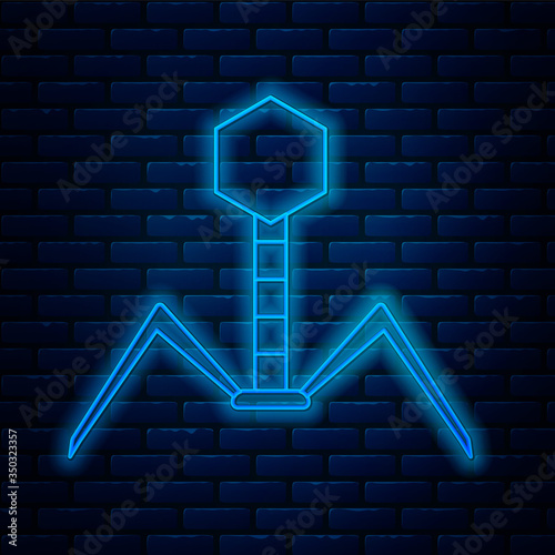 Glowing neon line Bacteria bacteriophage icon isolated on brick wall background. Bacterial infection sign. Microscopic germ cause diseases concept. Vector Illustration