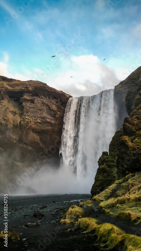 Classic view of the famous Skogafoss waterfall  Iceland.