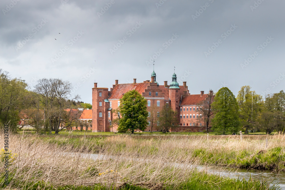The historic Gammel Estrup Castle in Djursland. Old Estrup, most famous castle of Jutland region, Denmark