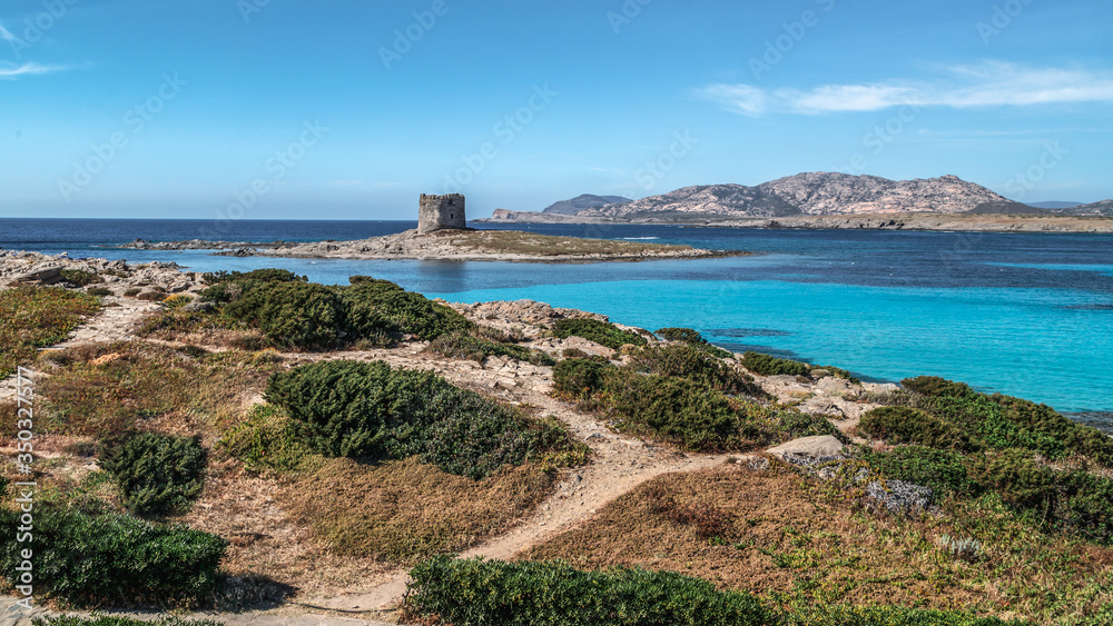 Aragonese tower in Stintino, Sardinia, Italy (Torre della Pelosa). Landmark of Stintino on azure blue water and rocks, mountains in the background.