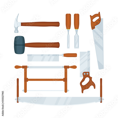 Carpentry tools vector illustrations set: hammers, chisels and different saws. Part of woodworking tools collection.