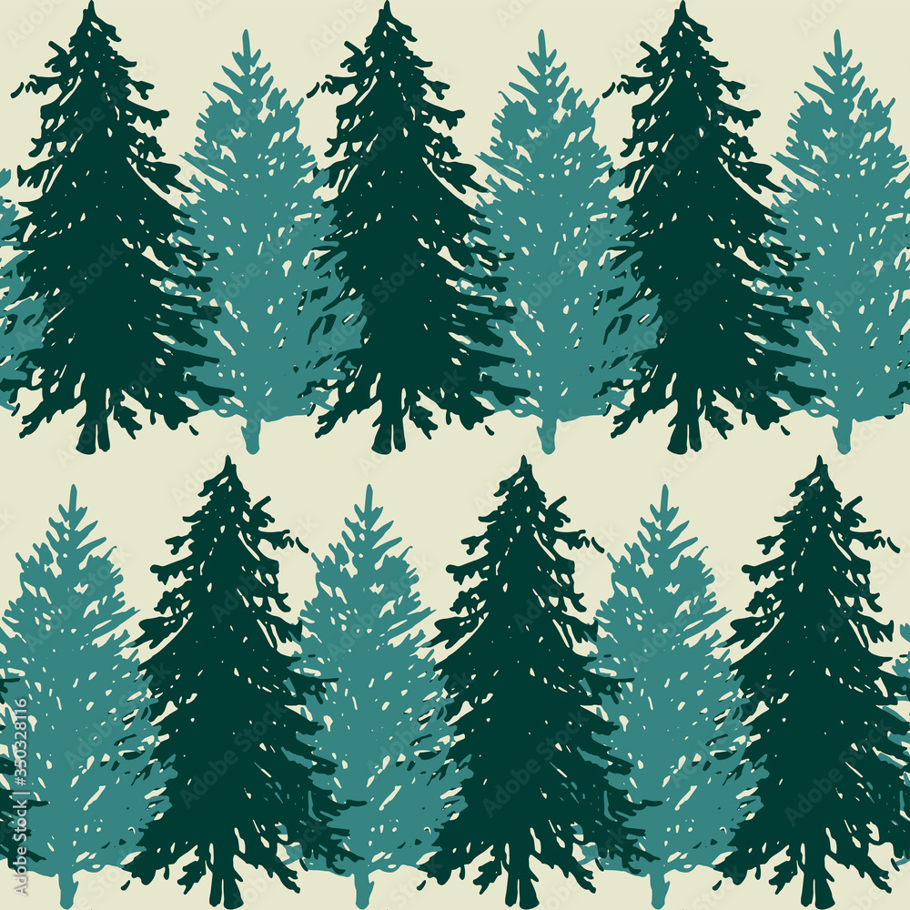 Monochrome spruce fir tree silhouette sketched line art seamless pattern background vector
