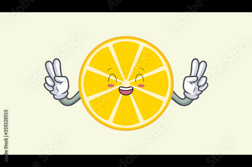 LOL, HAHA, LAUGH Face. Double Peaceful Finger. Mascot Illustration. Slice Lemon Fruit.