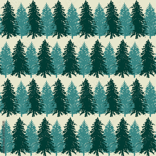 Monochrome spruce fir tree silhouette sketched line art seamless pattern background vector