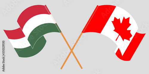 Crossed and waving flags of Hungary and Canada