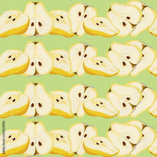 Yellow cut pears seamless pattern on a green background.