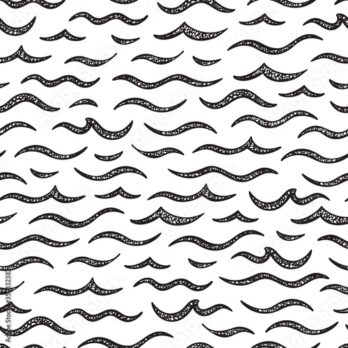 Sea Waves Vector Seamless pattern. Hand drawn Doodle Wave. Cartoon Sea or Ocean Black and White Background © AllNikArt
