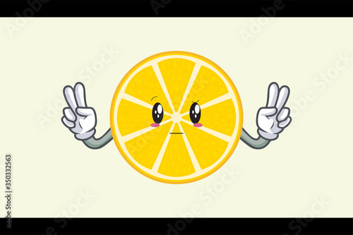 REALLY, ATTENTIVE, Curios Face. Double Peaceful Finger. Mascot Illustration. Slice Lemon Fruit.