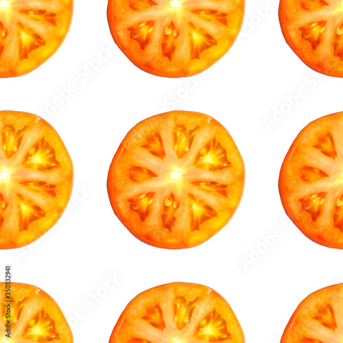 Seamless endless pattern of slices of juicy ripe red tomato. Design for wrapping paper, fabric and wallpaper.