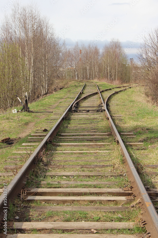 The railway stretching into the distance against the background of young green grass and trees in spring. The railway stretching into the distance against the background of young green grass and trees in spring.