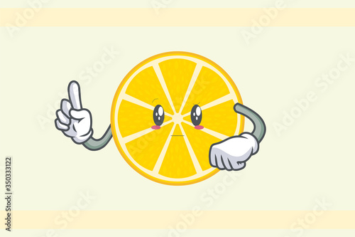 REALLY, ATTENTIVE, Curios Face . Index Finger, Forefinger Gesture. Mascot Illustration Slice Lemon Fruit.
