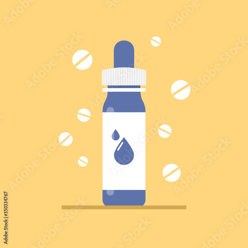 Liquid medicine bottle on orange background. Healthcare and pharmacy. Vector illustration in flat style. Medical concept