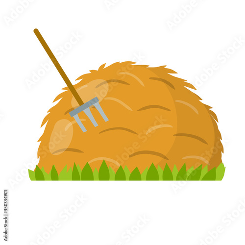 Yellow haystack and hayfork. Cartoon flat illustration. Rustic sheaf. countryside harvest of crop. Organic food and fork. Green grass isolated on white