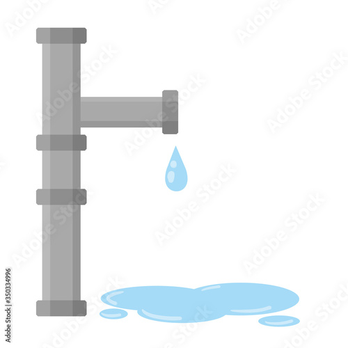 Pipe with a drop of water. Gray pipeline. Tube communication at home. Mechanical technical element of the system. The metal part of the curved shape. Cartoon flat illustration.