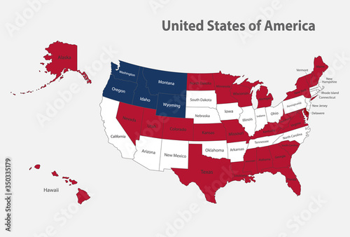 Map of the USA in the colors of the flag with administrative divisions vector