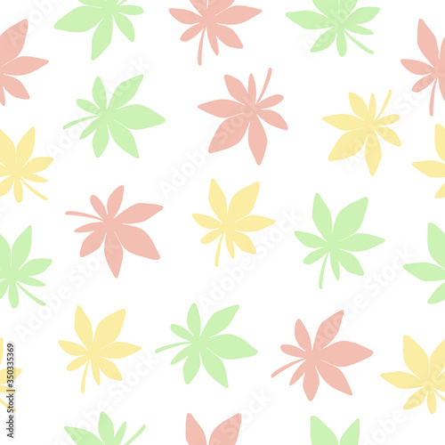 Seamless pattern with yellow  green  pink leaves on a white background. Vector illustration with leaves. Design of packaging paper with plants. Doodle style. Printing on fabrics  clothing  dishes.