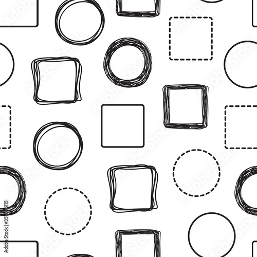 Doodle Circles and squares seamless pattern. Abstract geometric background