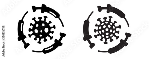 Coronavirus 2019-nCoV vaccine or cure concept about the time when Covid-19 disease is defeated, medical victory over the corona virus and quarantine end. Black monochrome silhouettes set.