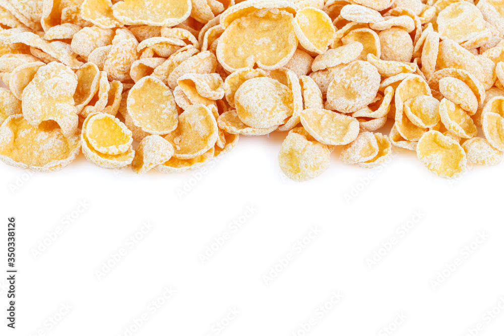 Placer of glazed cornflakes on a white background. Glazed cornflakes. Breakfast cereals. Background for healthy eating and vegetarianism.
