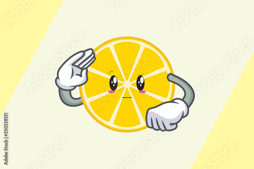 REALLY, ATTENTIVE, Curios Face. Respect Hand Gesture. Mascot Cartoon Illustration. Slice Lemon Fruit