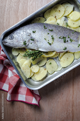 Fresh raw sea bass fish prepared for roasting with potatoes photo