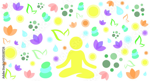 yoga pose meditation mind relaxation power peace spirituality lotus flower icons set texture pattern wallpaper background
