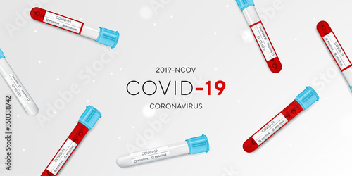 Coronavirus Testing banner with blank space for your creativity. Covid-19 rapid test, 3d virus cells and realistic 3d glass test tube with blood on grey background. Coronavirus disease, Vector