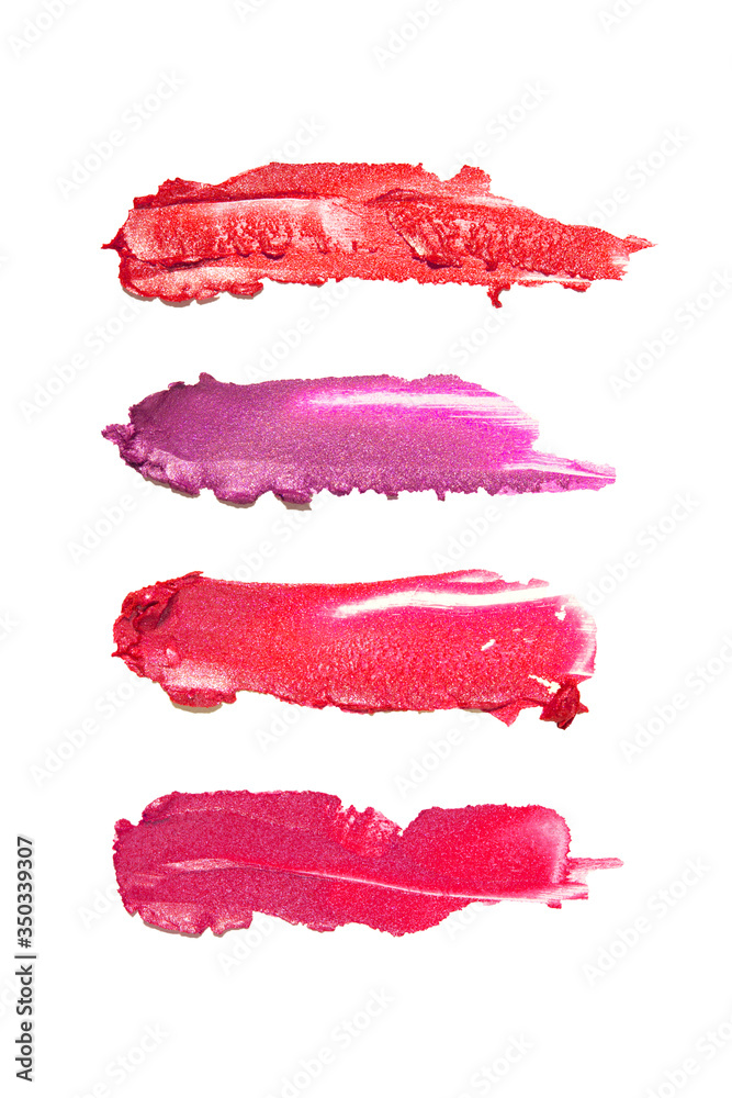 Creative concept fashion flatlay photo of cosmetics swatches beauty products lipstick on white background. Creative concept fashion flatlay photo of cosmetics swatches beauty products lipstick on white background.