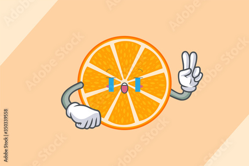 CRYING, SAD, SOB, CRY, Face. Peace Finger Gesture. Mascot Illustration. Slice Orange Citrus Fruit Cartoon.