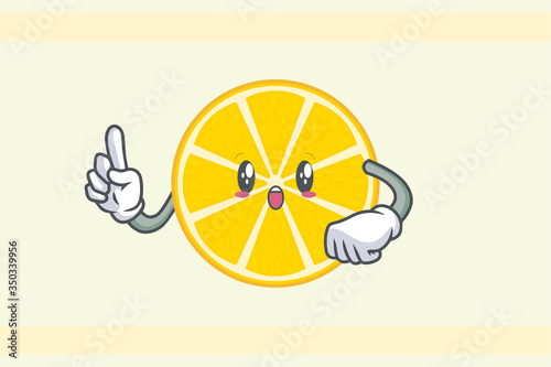 WOW ,SURPRISED, AMAZED,. DISMAY Face. Index Finger, Forefinger Gesture. Mascot Illustration Slice Lemon Fruit.