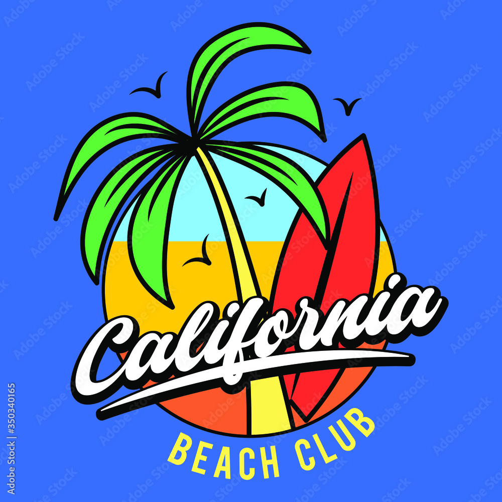 SUMMER ILLUSTRATION, CALIFORNIA BEACH CLUB, PALM TREE AND A SURFBOARD VECTOR, SLOGAN PRINT