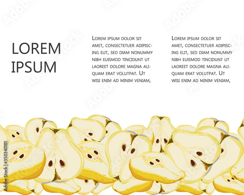 Juicy slices of pear seamless horizontal border with copy space vector illustration.