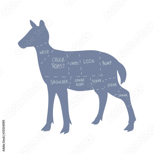 Cute french farmhouse deer butcher chart vector clipart. Hand drawn shabby chic style country farm kitchen. Illustration of venison farm animal livestock ranch graphic. Doe graphic EPS 10. 