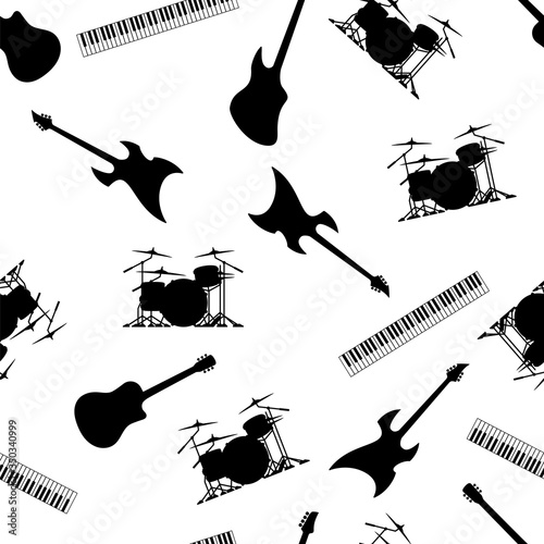 Guitar, Drums, Keyboards, and Bass, Musical Instruments Seamless Repeating Pattern Vector Illustration