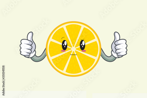 REALLY, ATTENTIVE, Curios Face. Double Thumb up Mascot Illustration. Slice Lemon Fruit