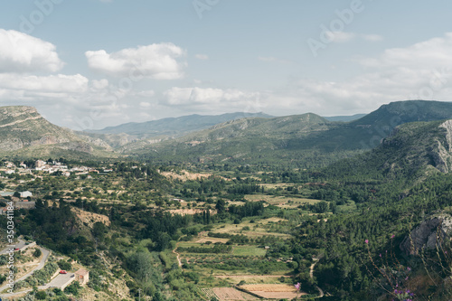 Spanish scenery hills and blue sky. Mediterranean landscape  woods and mountains. Pines. Panoramic view.