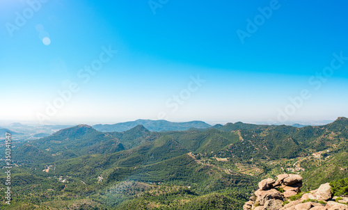 Spanish scenery,hills and blue sky. Mediterranean landscape, woods and mountains. Pines. Panoramic view.