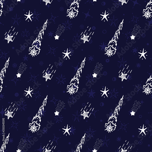 Meteor Shower. Falling stars. Starry sky background. Hand Drawn doodle Stars Seamless Pattern. Meteorites and Comets Vector illustration. Shooting stars