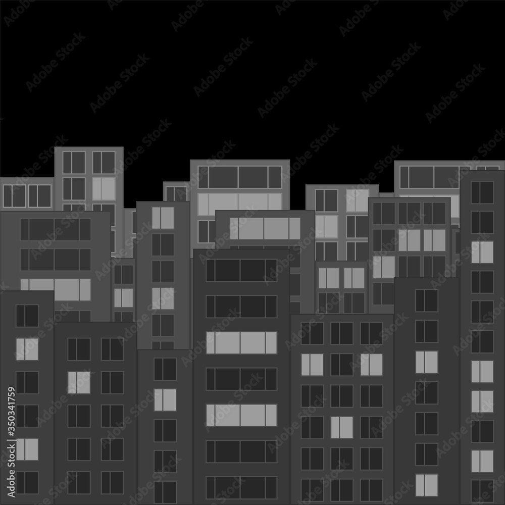 Modern night city skyline. Gray cityscape with silhouettes of houses and luminous windows. Tall houses at night. Vector illustration in flat style.