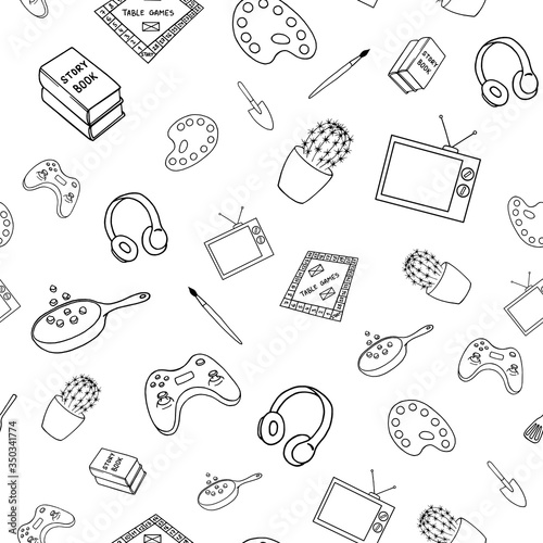 Seamless pattern with hand drawn items of fun home activities on white background