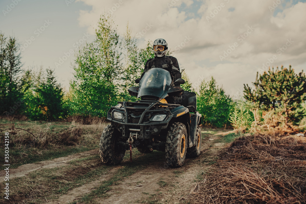 Fototapeta premium A young man in a white helmet rides through the woods on a Quad bike. Extreme hobby. A trip to ATV on the road from logs. Quad Biking through the forest.