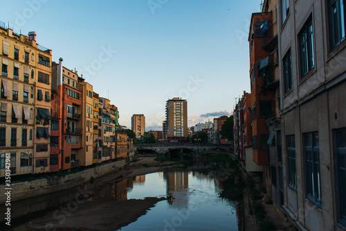 Girona during the isolation due to the coronavirus. Houses around the river Onyar.