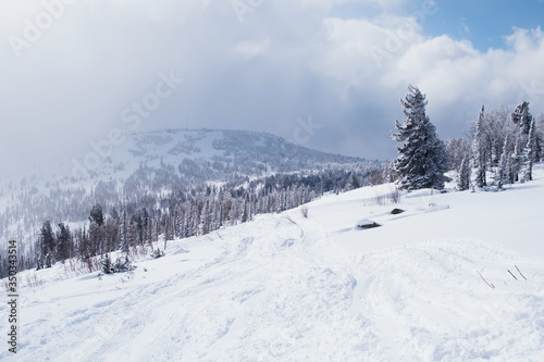 Mountain landscape on a snowy slope in the Siberian mountains.