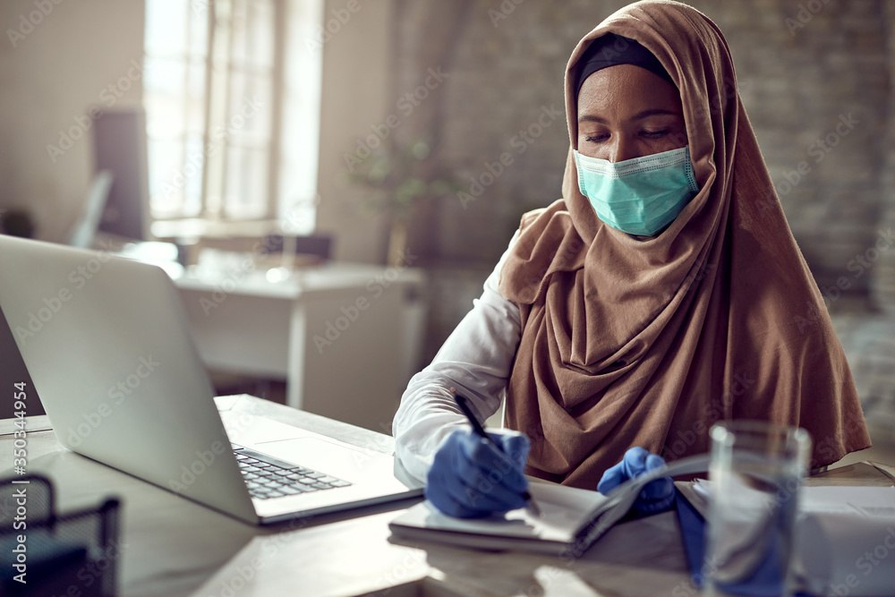 Black Islamic businesswoman writing reports while working in the office during COVID-19 epidemic.