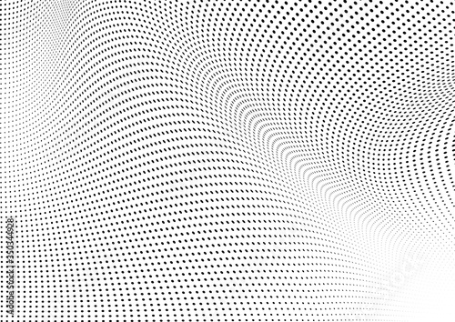 Abstract halftone background. Monochrome grunge pattern of dots. The waves are smooth and chaotic. Pop art texture for business cards, posters, labels, business cards